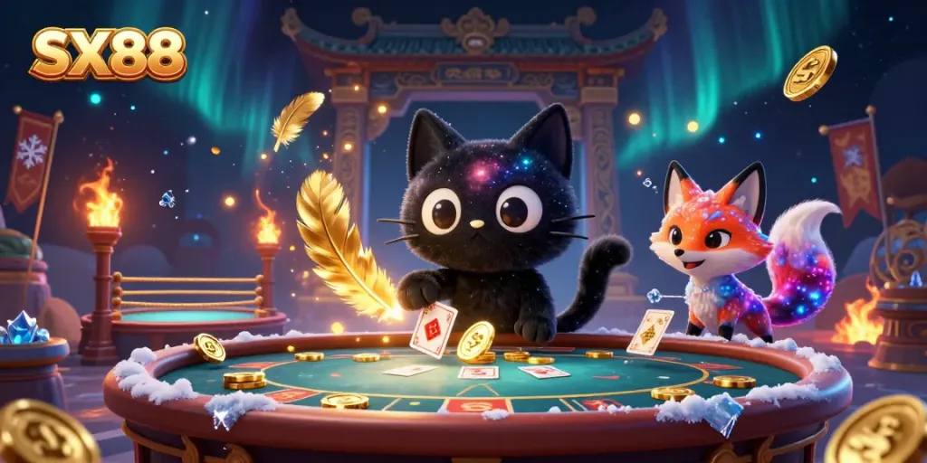 Experience the SX88 cosmic casino with a mesmerizing black hole cat pulling in chips beside a nebula fox.