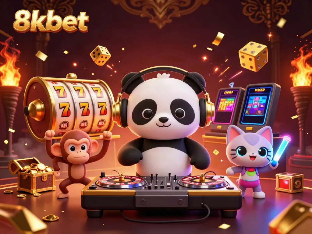 Experience the thrilling action at 8xbet with a vibrant casino scene featuring a DJ panda and dynamic visuals.