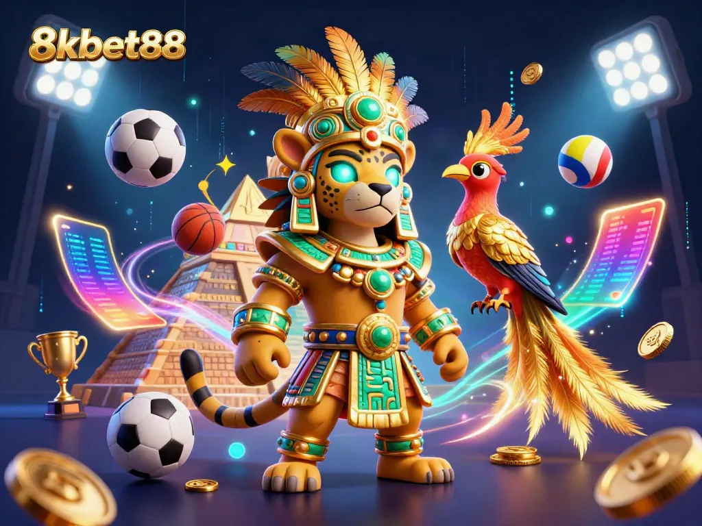 Engaging 3D illustration of 8xbet88 featuring a jaguar priest and quetzal bird amid dynamic sports elements.