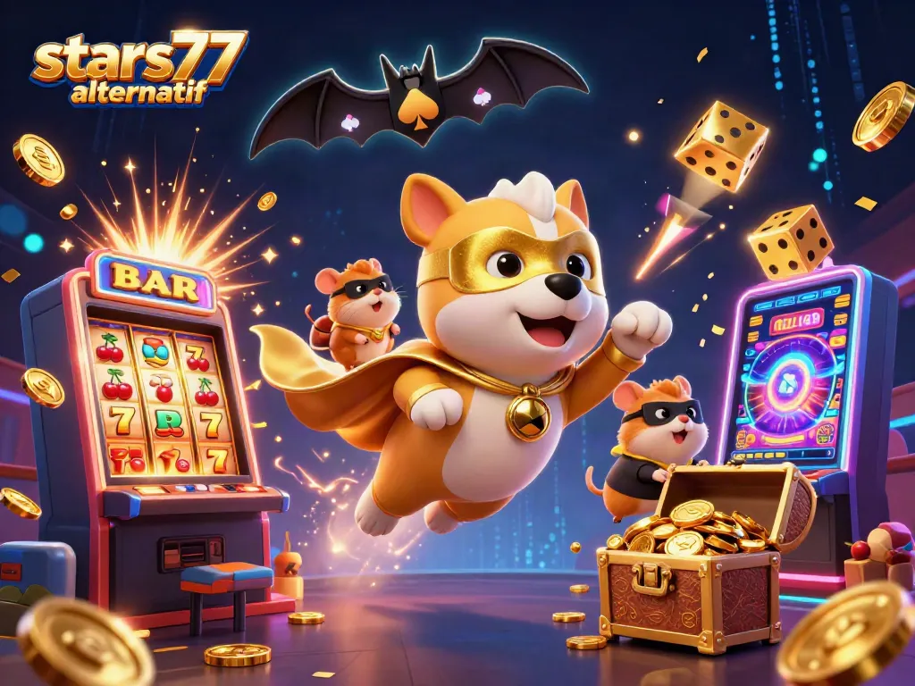 Permainan menarik di stars77 alternatif dengan superhero anjing dan berbagai simbol kasino.