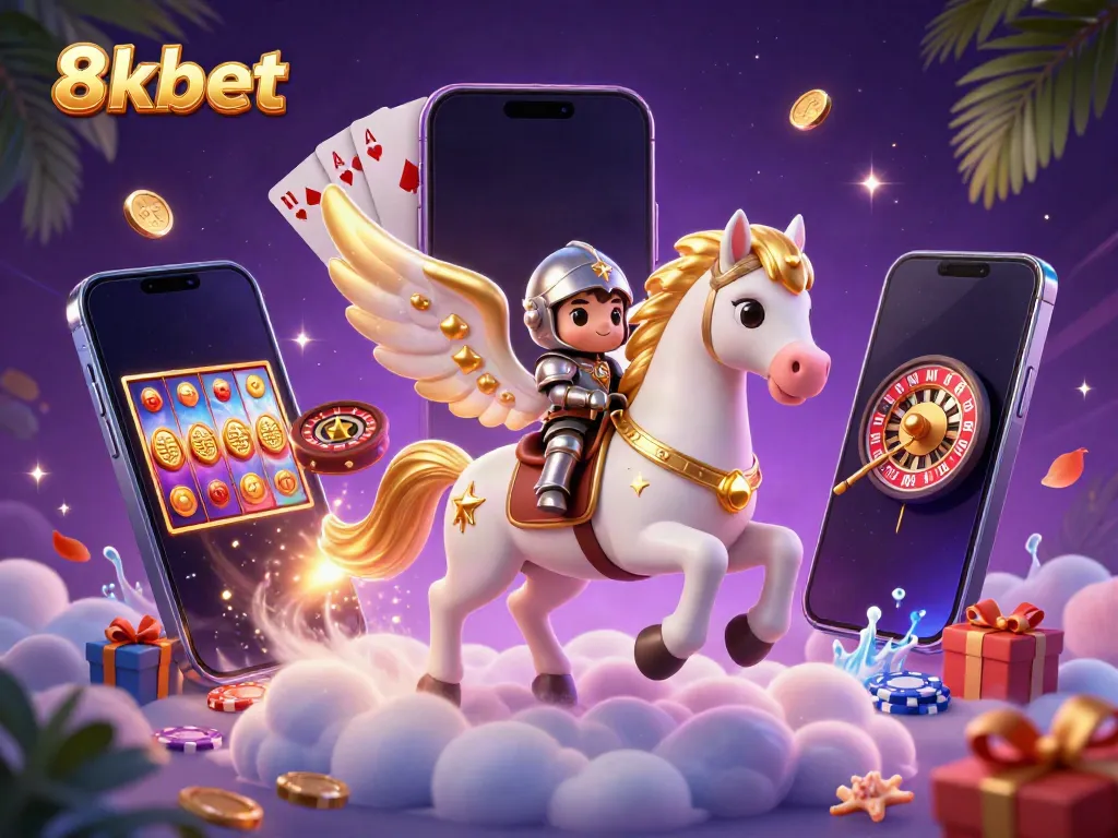 Engage in thrilling action with 8xbet, featuring celestial horse characters and vibrant casino elements.