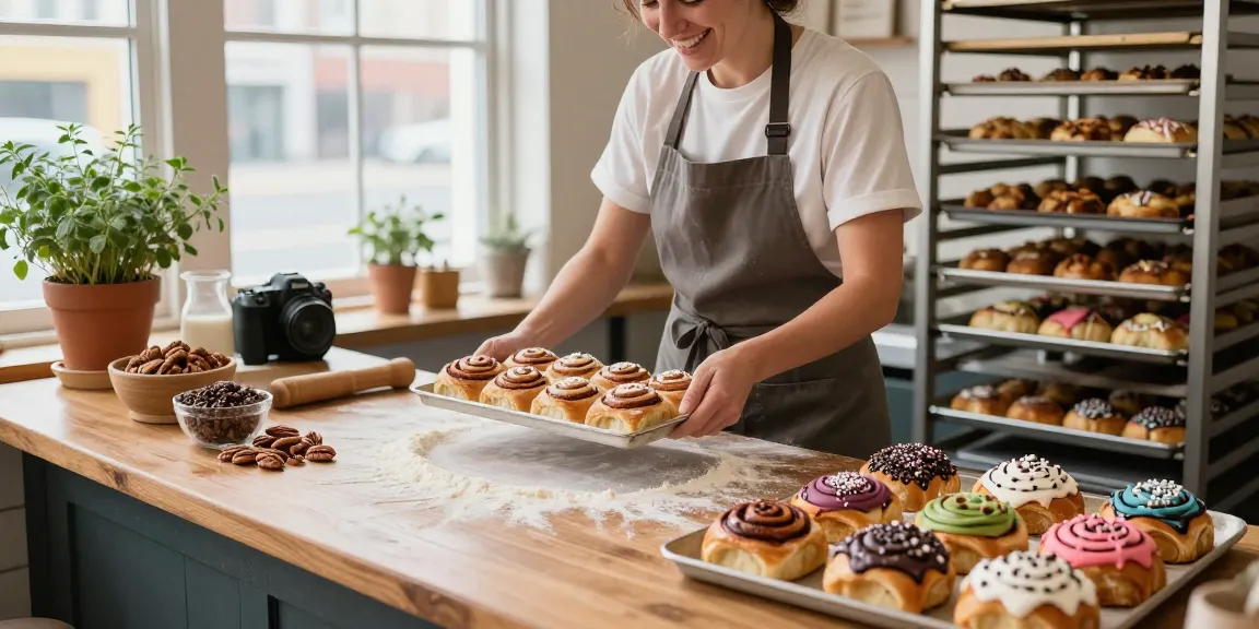 Freshly baked cinnamon buns in a cozy Calgary bakery near me, showcasing colorful toppings and warm, inviting ambiance.