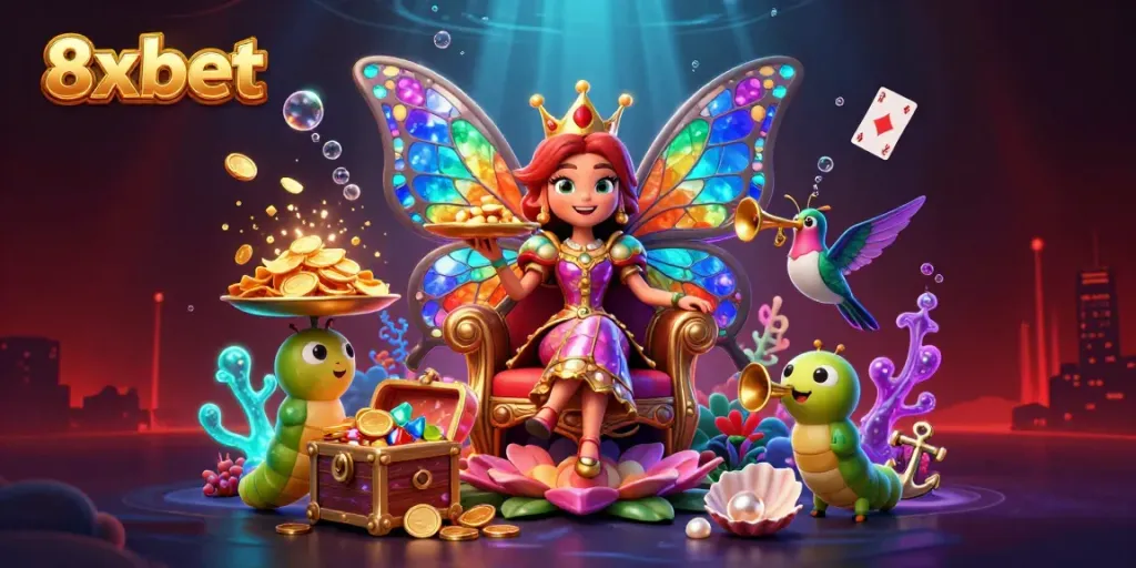 Experience thrilling online gaming at 8xbet with vibrant casino elements and dynamic characters in a captivating underwater scene.