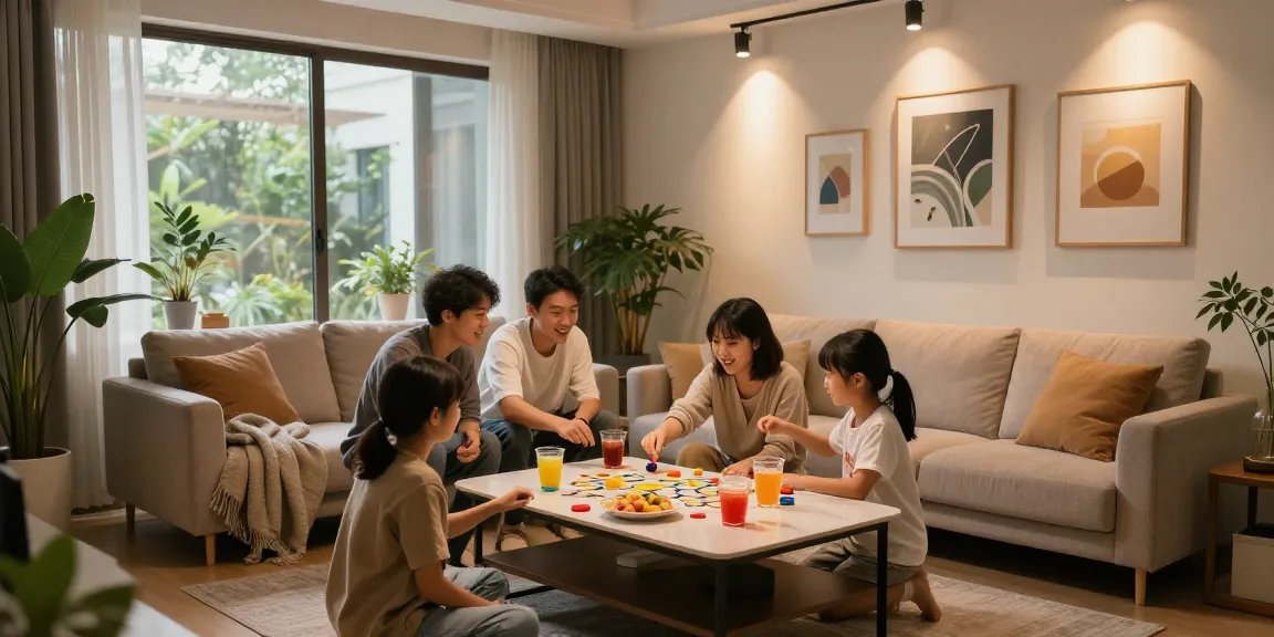 Un living modern luminat de spoturi led, familie jucându-se și bucurându-se de vreme împreună.