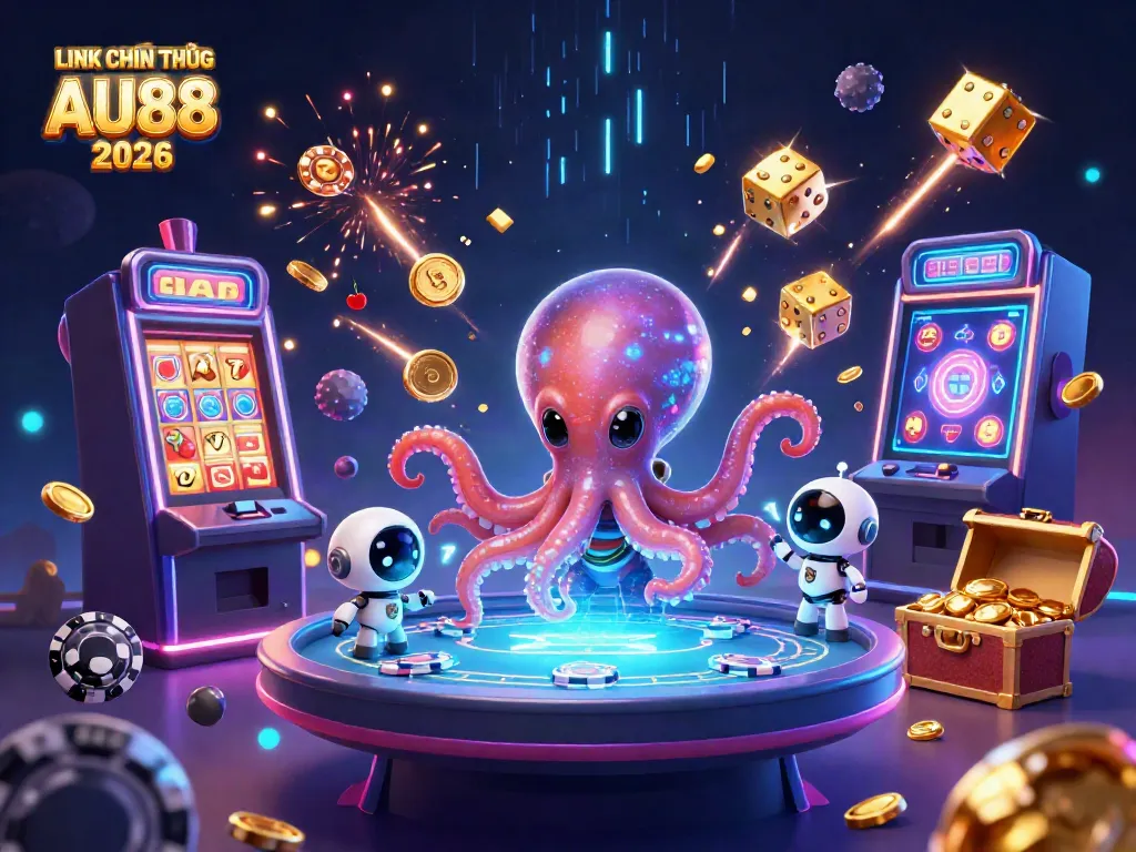 Experience thrilling gaming with the LINK CHÍNH THỨC AU88 2026, featuring an alien octopus and exciting casino elements.