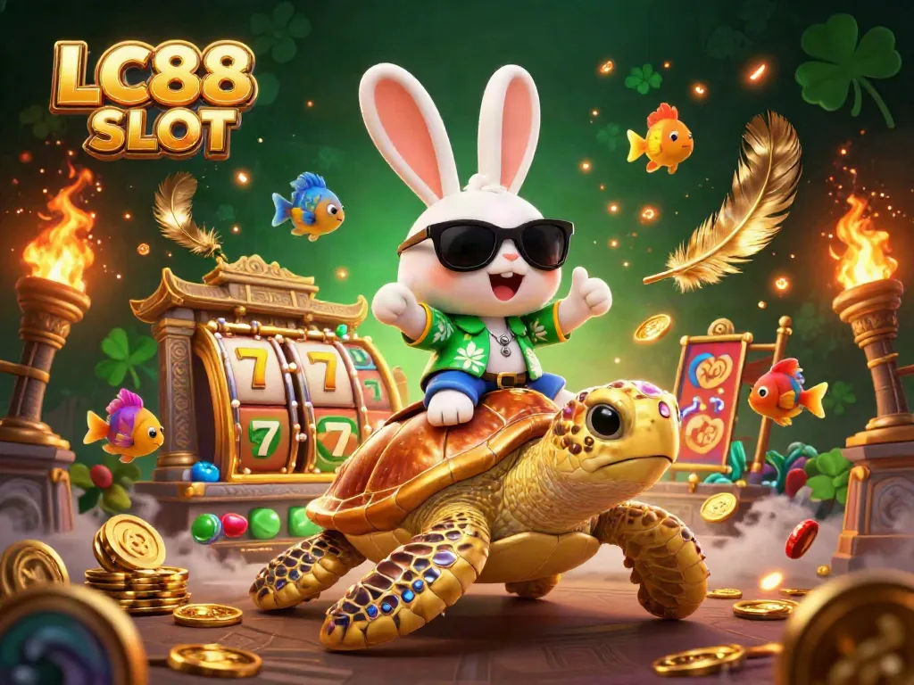Engage with the vibrant world of LC88 SLOT featuring a lucky rabbit and golden turtle amidst dynamic gaming elements.