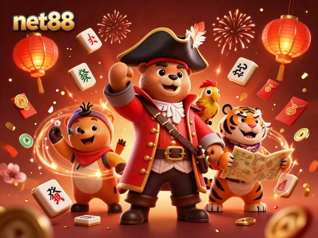 Engage in thrilling gameplay at net88, featuring a pirate captain and tiger amidst festive casino elements.