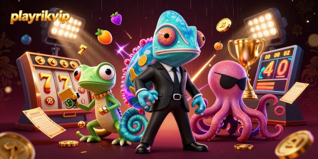 Engage in thrilling slots at playrikvip with vibrant chameleon, gecko, and octopus around exciting jackpot reels.