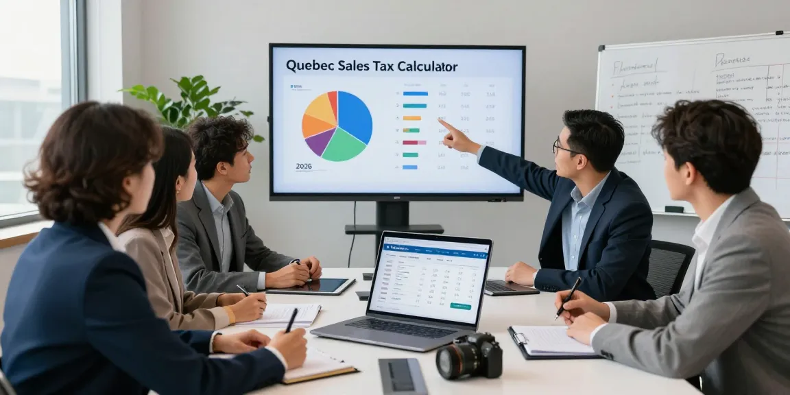 Group discussing the quebecsalestaxcalculator.ca in a modern office environment, showcasing 2026 tax calculations.