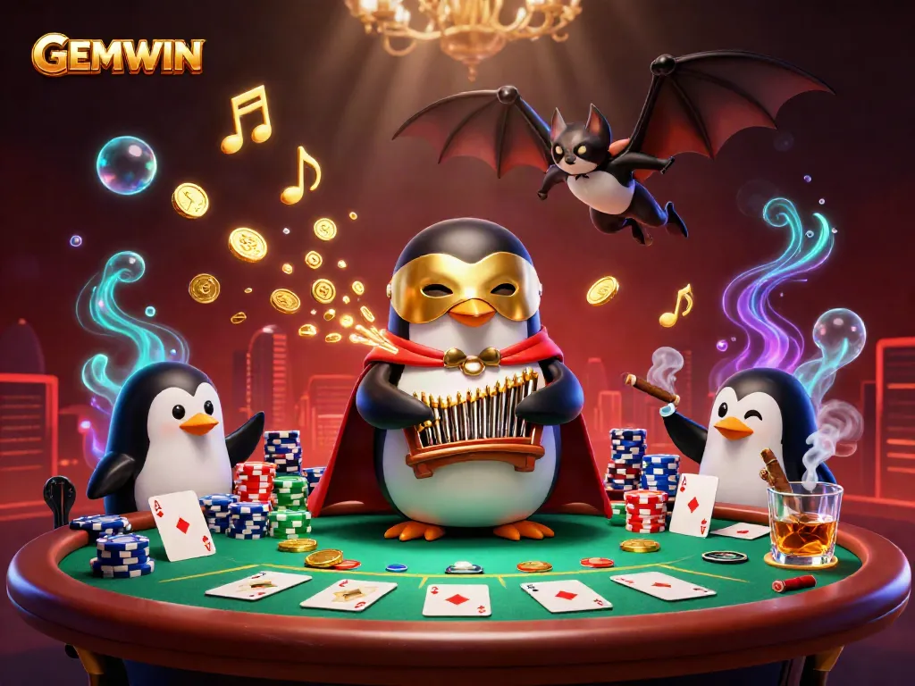 GEMWIN showcases a dynamic casino scene with a cartoon penguin player amidst rich gambling elements.