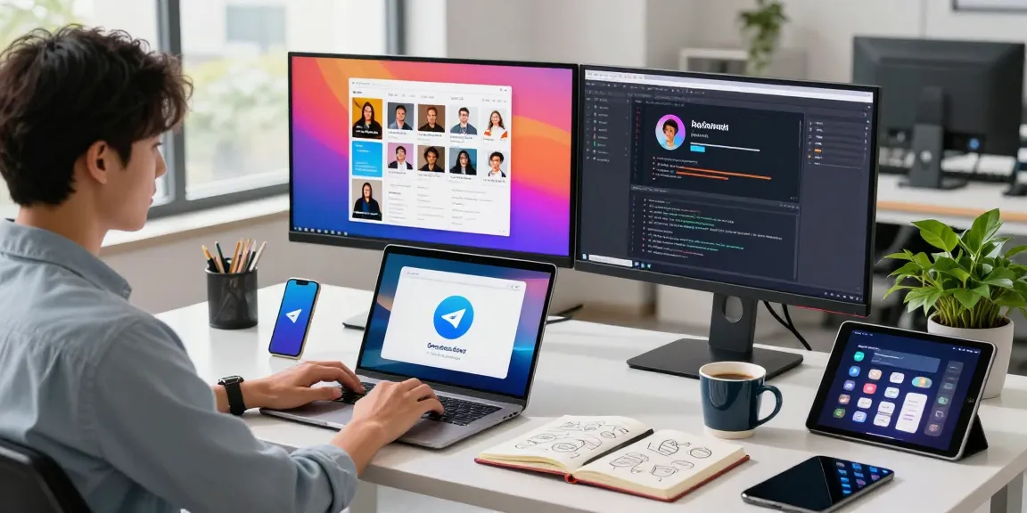 Downloading Telegram app on a laptop in a modern tech workspace