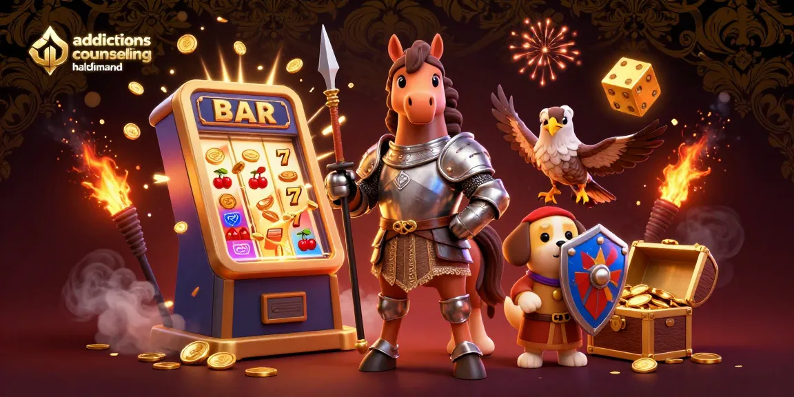 Addictions counselling Haldimand visual with knights, puppies, and casino riches celebrating the gaming experience.