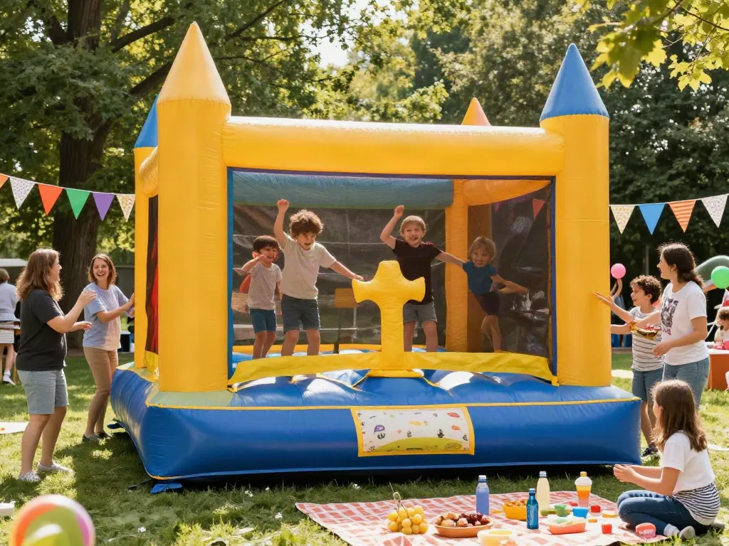 Children having fun in a bounce castle during a sunny outdoor party.