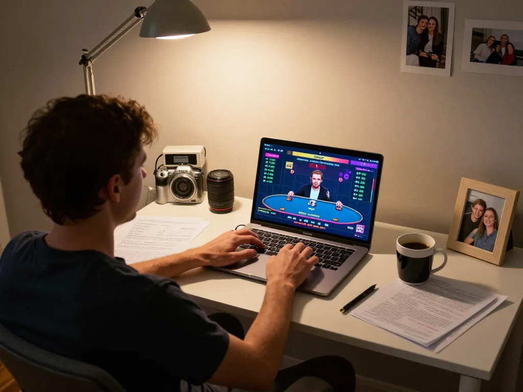Online casino gameplay on new88blog with vibrant poker interface and player's strategic notes at their home desk