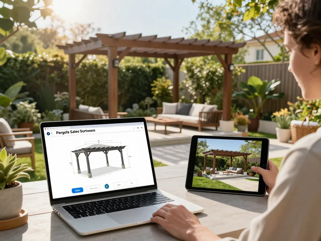 Designer using Pergola Sales Software to visualize a 3D model in a beautiful garden.