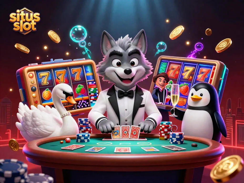 Situs slot scene featuring a debonair wolf and elegant swan dealing cards at a vibrant baccarat table.