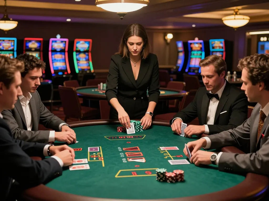 Players enjoying game bài đổi thưởng at a luxurious poker table, with professional dealer and warm ambiance.