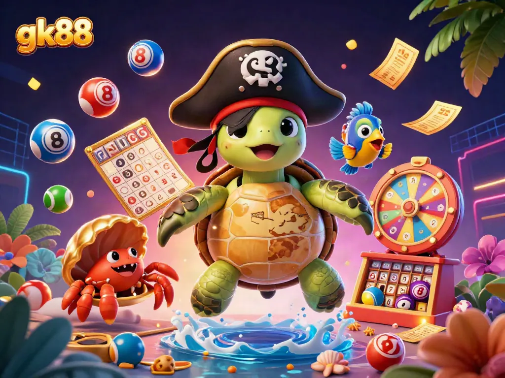 Experience exciting wins at gk88, featuring colorful lottery balls, dynamic prize wheels, and an adventurous pirate turtle.