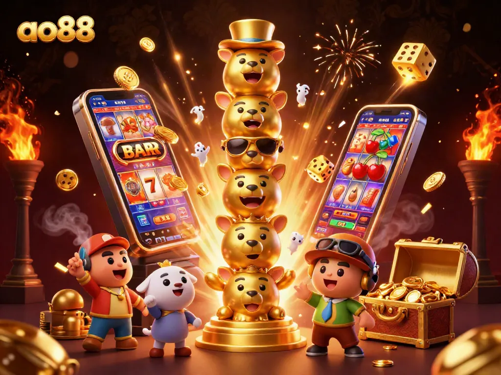 Experience a thrilling ao88 gaming moment with a cartoon totem pole amidst vibrant casino elements and jackpots.