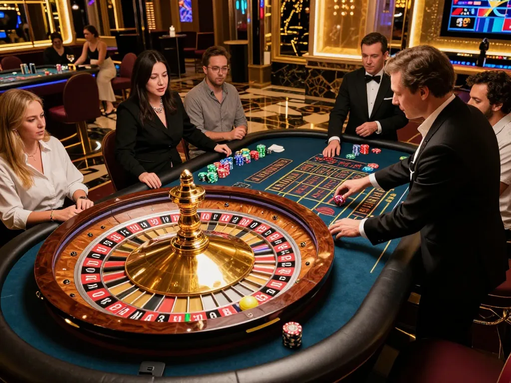 Các người chơi LUCK8 tham gia vào bàn roulette, ghi lại sự hồi hộp của trò chơi cá cược cao.