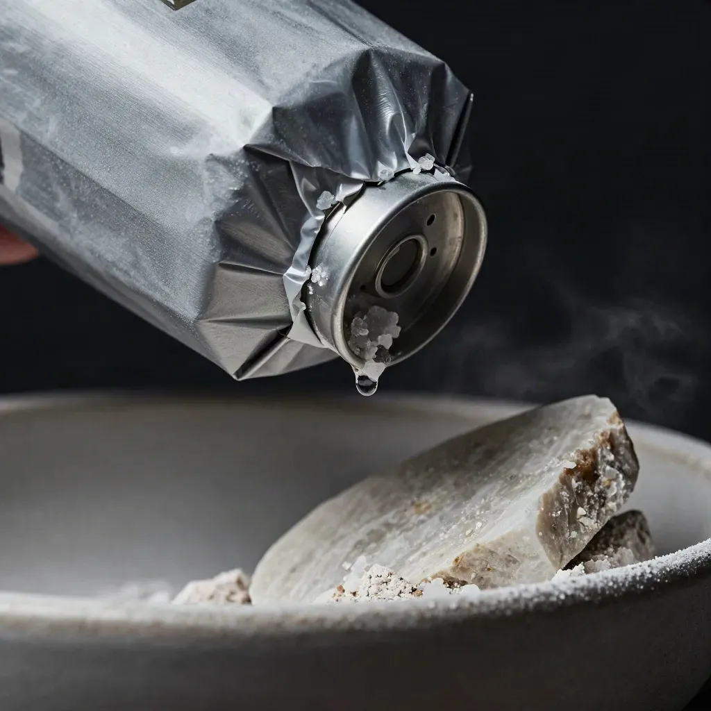 Extreme macro of a mineral water case with salt shards, travertine, ceramic basin, and a sliding drip.