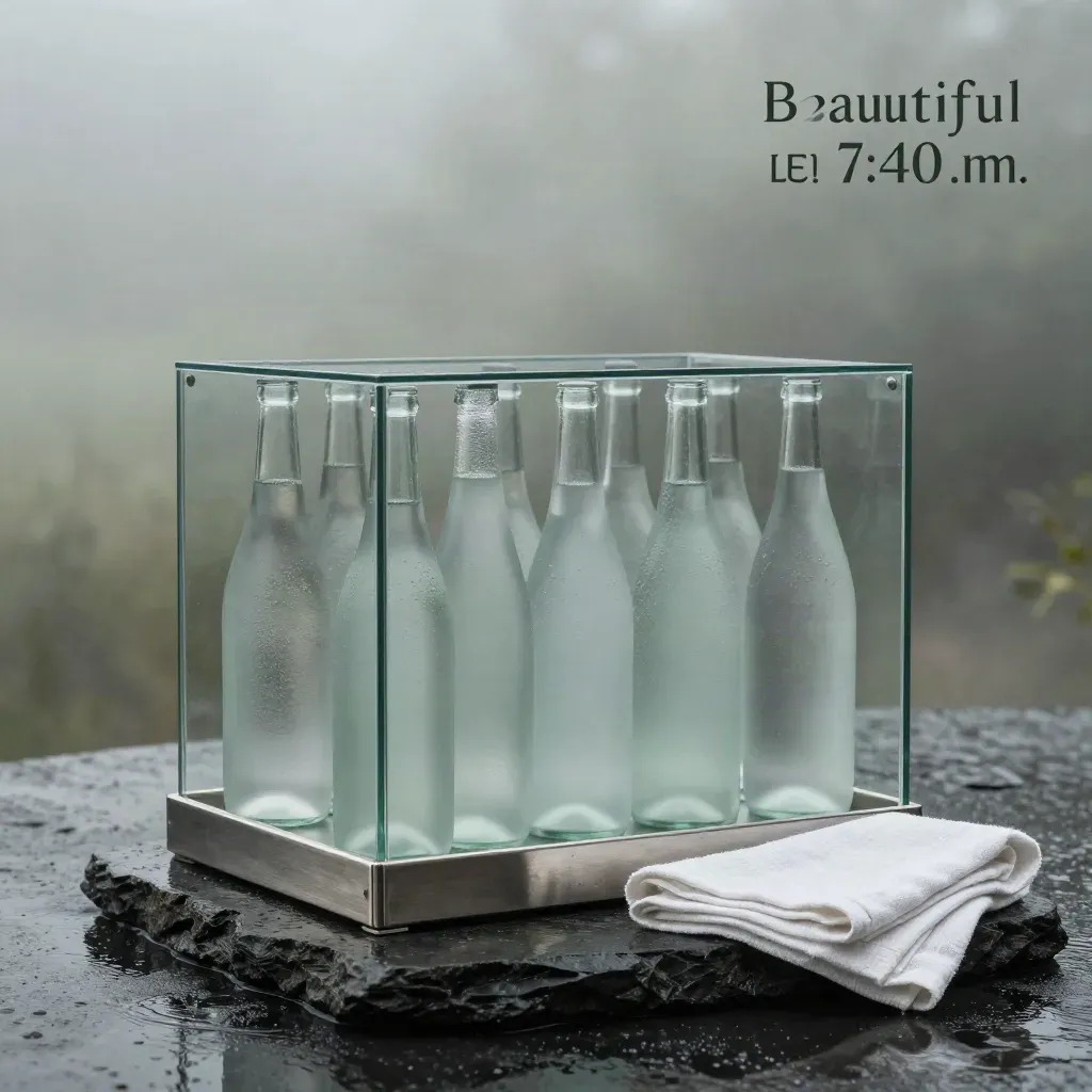 Glass water case with chilled bottle, steel tray, linen and stone in misty dawn light.