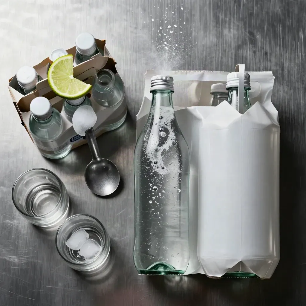 Overhead sparkling water flatlay with open bottle, lime slice, ice scoop and two glasses