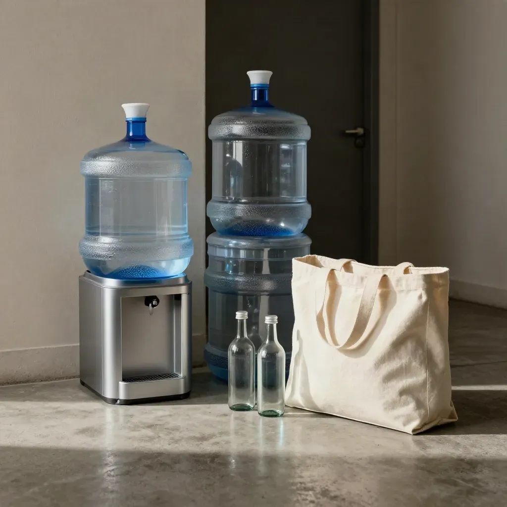 Water refill crates and bottles beside a dispenser base in a moody hallway, lit by soft side light.