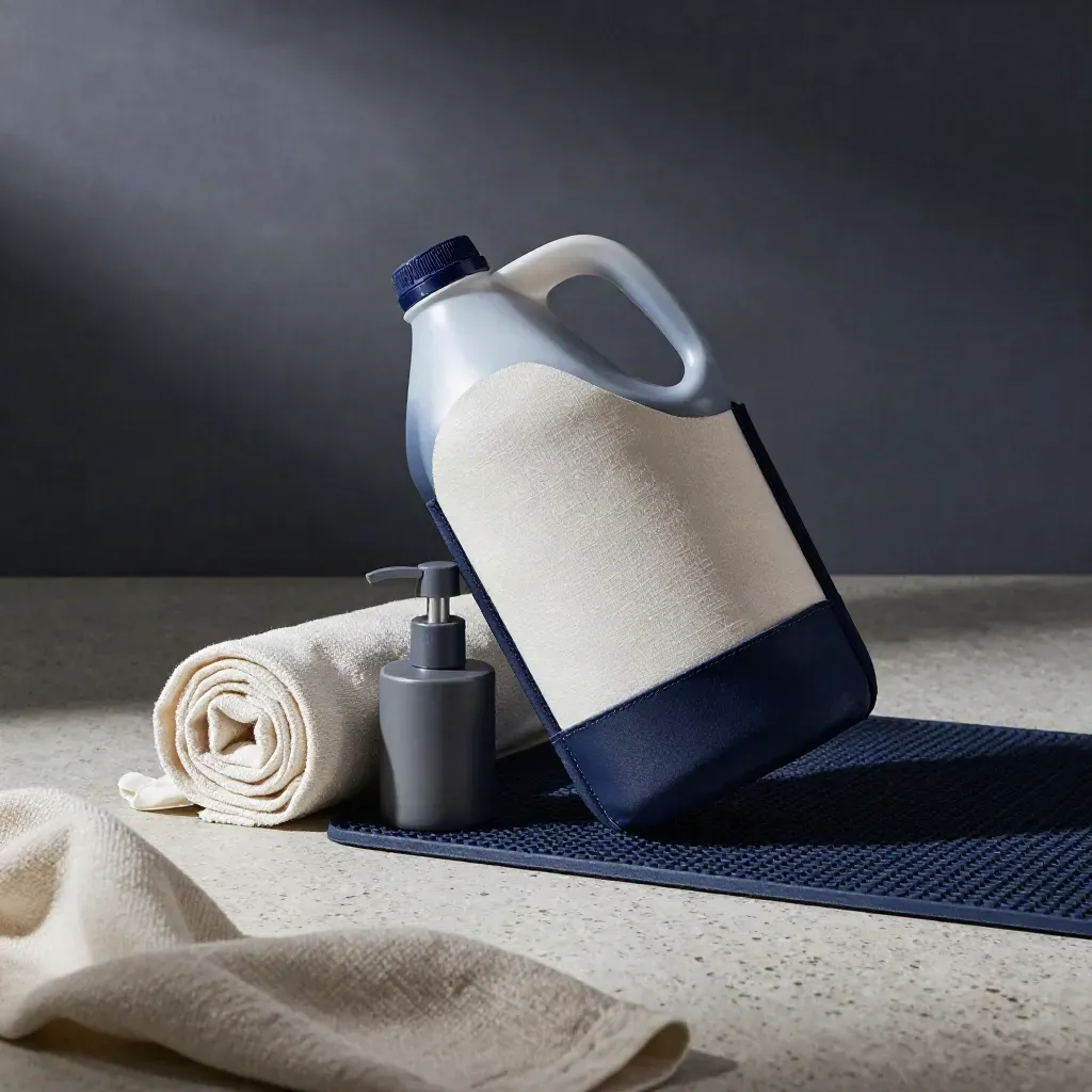 Refill pack in a cradle with linen towel and matte base on travertine, lit by soft side light.
