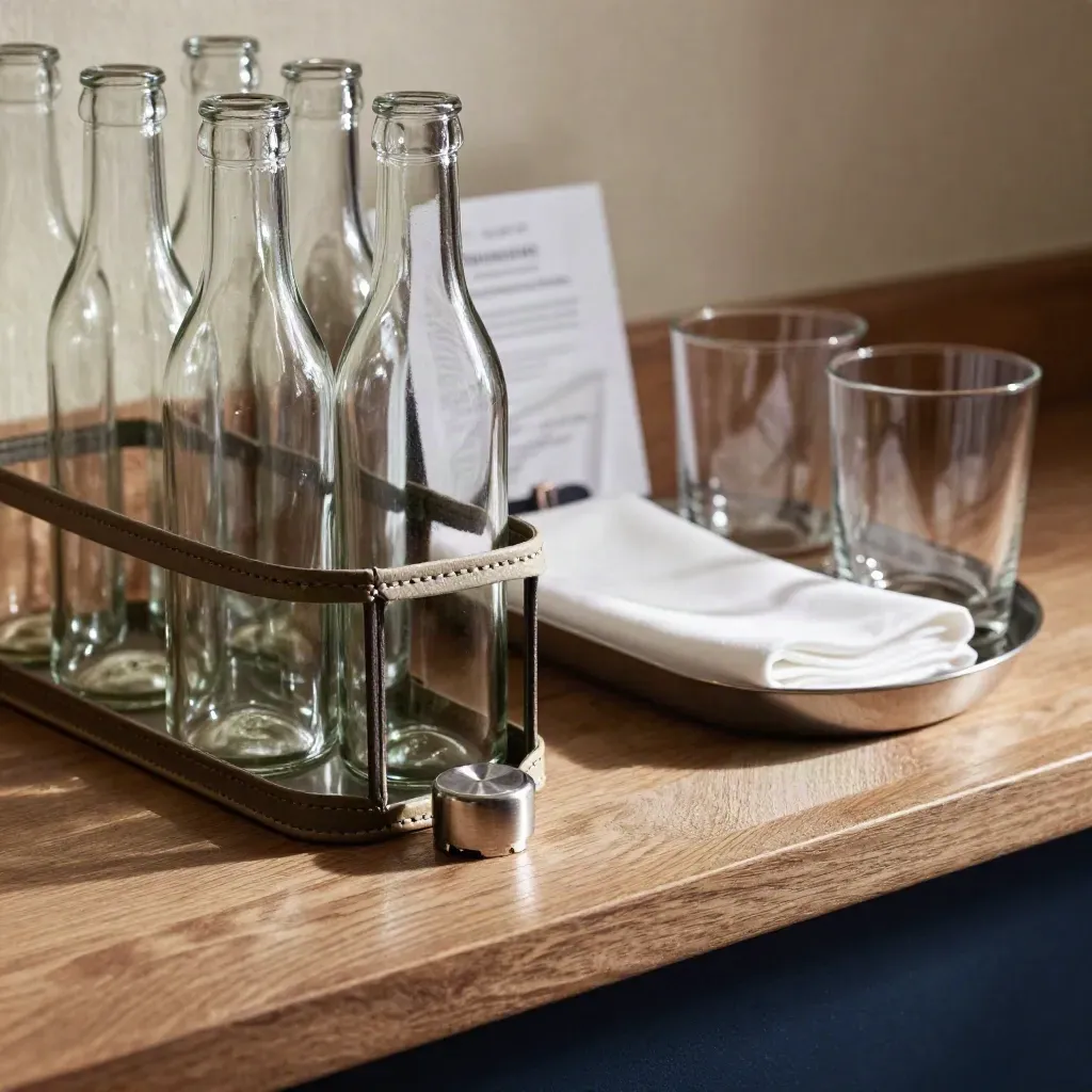 Six clear glass water bottles in a slim carrier with napkin, cap tray, and two tumblers on oak.