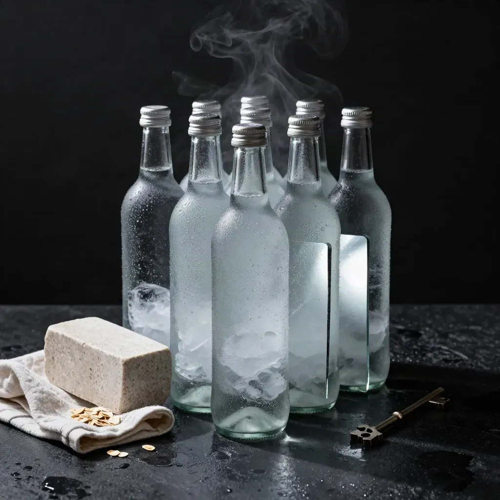 Chilled clear water bottles on black stone with ice slabs and cold vapor