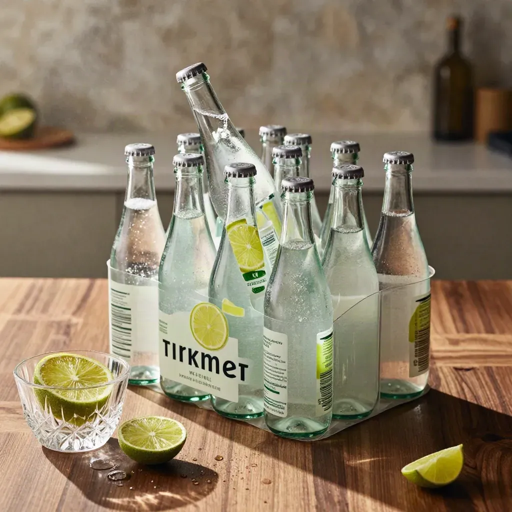 Top-down lime sparkling water bottles with lime wheels and a glass bowl on warm walnut
