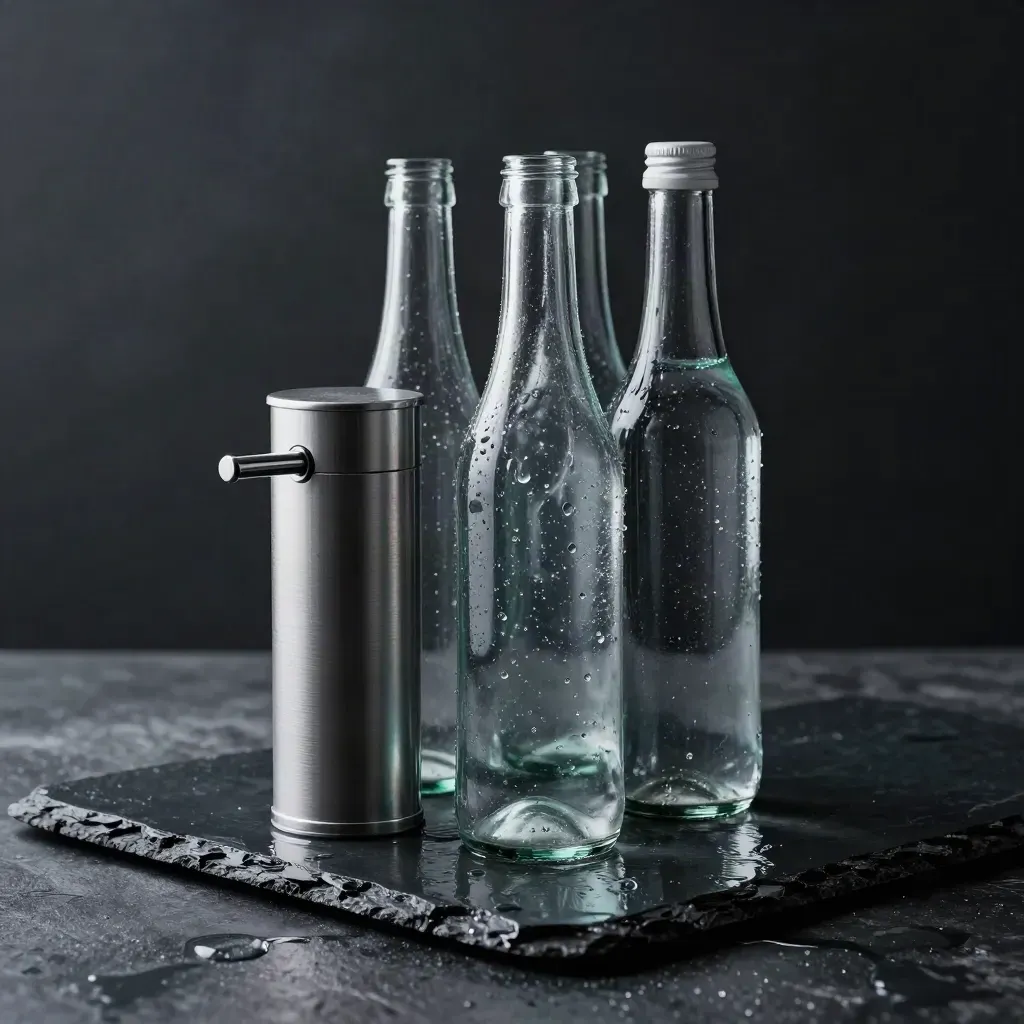 Low-angle water delivery pack with cases, dispenser cylinder, and glass bottles on wet slate.