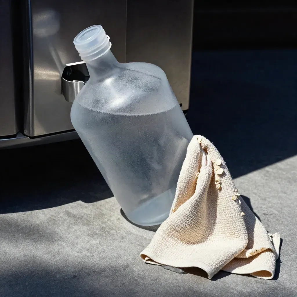 Water jug tilting into a dispenser cradle beside a folded towel, lit by a bright raking highlight.
