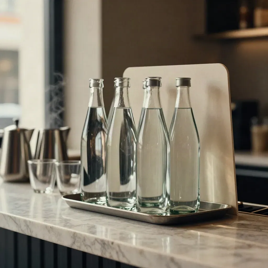 Six unlabelled water bottles in a café service case beside pitchers and cups