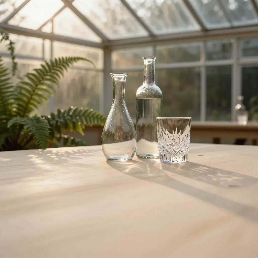 Greenhouse table with glass carafe, water bottle, fern shadows, and warm golden light.