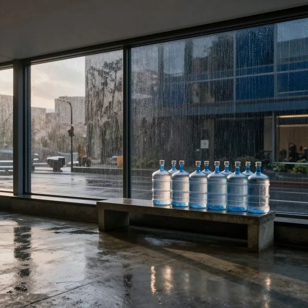Rainy office lobby window with water crates, glass bottles, and a quiet concrete bench