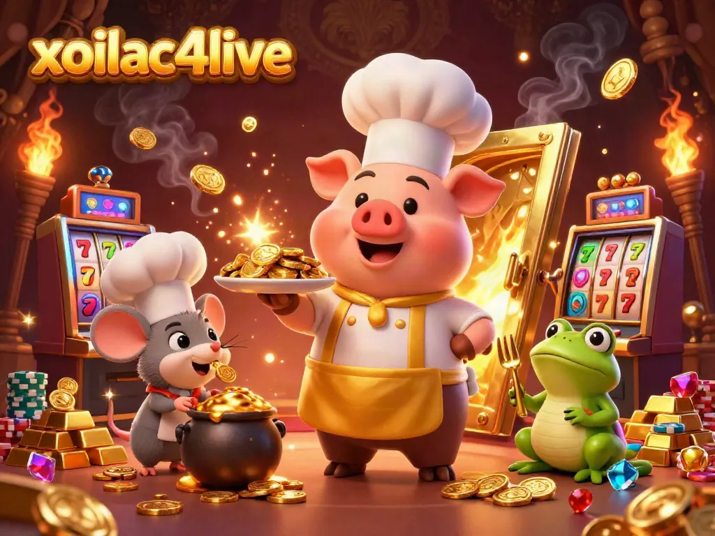 Xoilac4live offers an immersive gaming experience with vibrant casino characters amidst gold coins and jackpots.