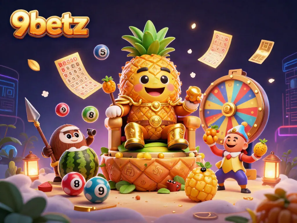 Experience the vibrant gaming universe of 9betz with a golden pineapple king amidst casino elements.