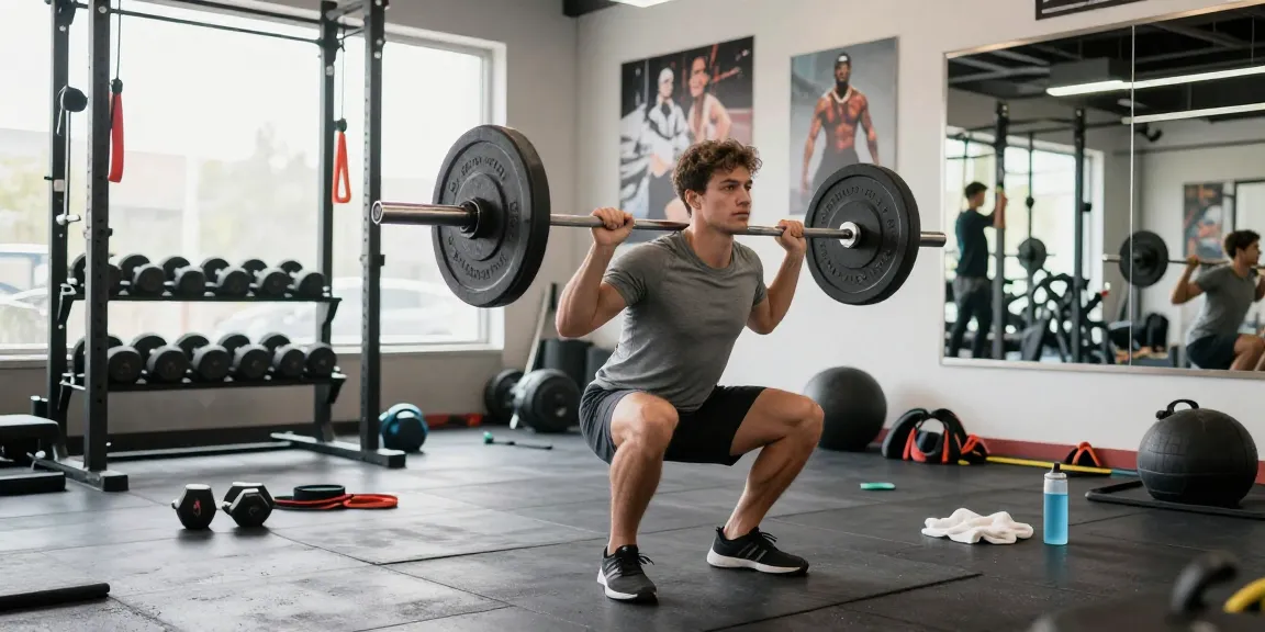 Energiegeladenes Training im Fitnessstudio eines Anabolika Shop Deutschland, das eine fitte Person zeigt, die Kniebeugen mit der Langhantel ausführt.