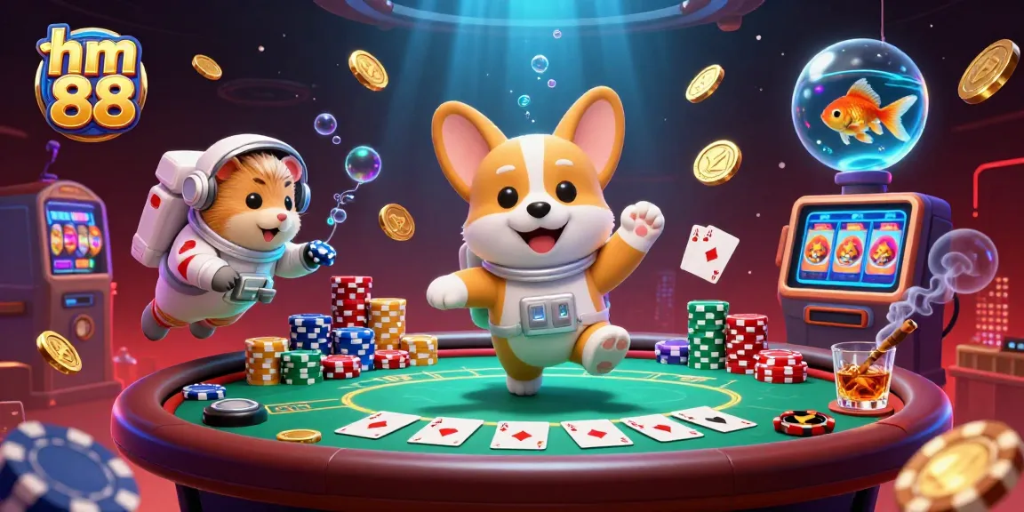 Experience excitement with hm 88 as an astronaut corgi floats amidst casino games in space.