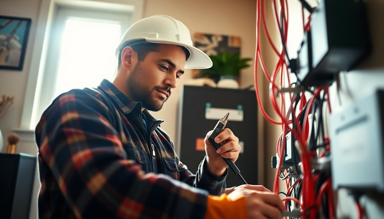 Electrician West Vancouver performing electrical work with tools in a bright home environment.