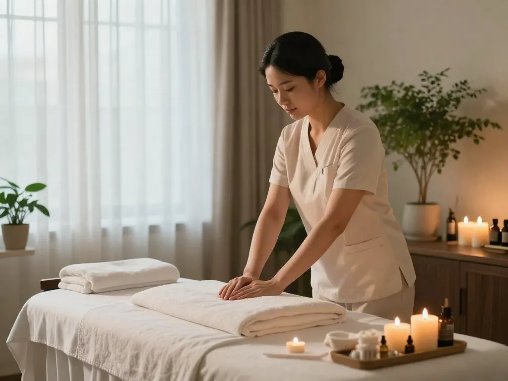 Serene home spa setup for 성남출장안마, featuring a massage therapist beside a massage table with essential oils and candles.
