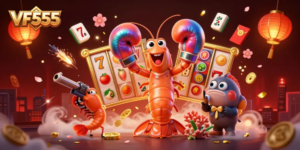 Engage in gaming excitement at VF555 with vibrant slot reels and dynamic ocean characters.