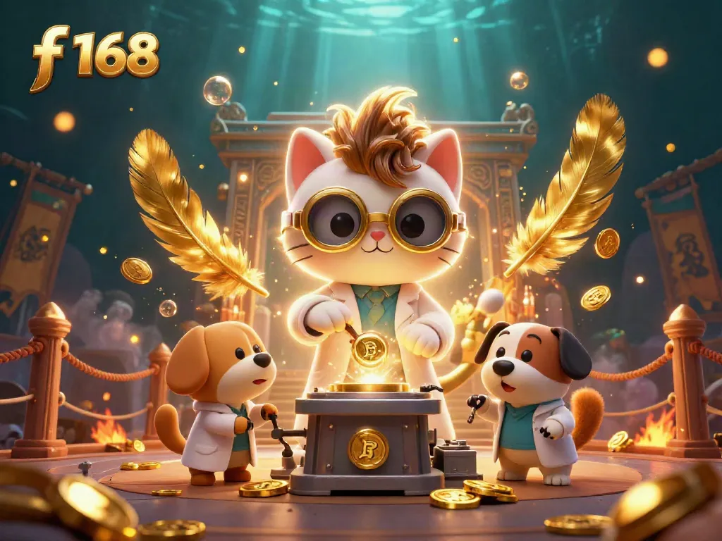 Experience excitement with f 168 in this dynamic casino-themed scene featuring a mad scientist cat and his dog assistant.