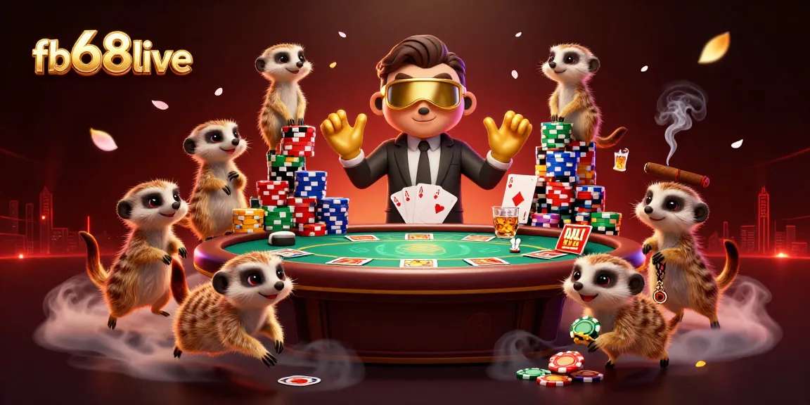 Experience thrilling gameplay at fb68live with meerkats managing a vibrant casino, surrounded by poker elements.