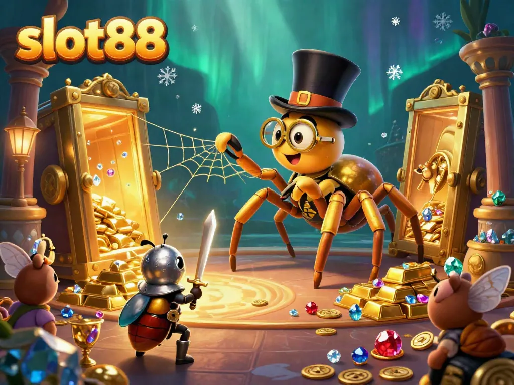 Play thrilling slot88 games with a golden tarantula and beetle knight in a magical casino world.