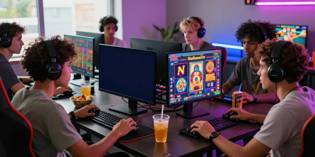 Excited friends playing games at Nohuwin with vibrant screens and snacks, showcasing the lively gaming community at https://choinohu.vip/.