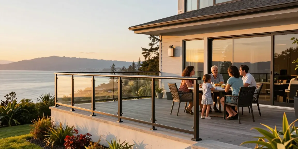 Custom railings in West Vancouver family patio showcasing modern design and scenic views.