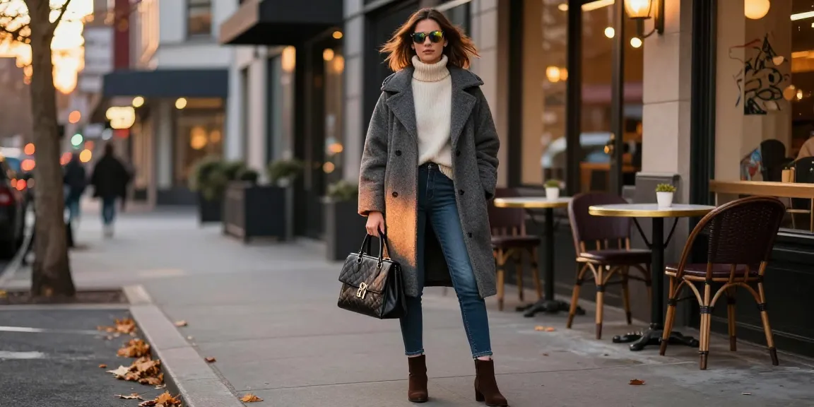 Stylish urban fashion woman confidently showcasing the latest fashion trends on a city sidewalk.